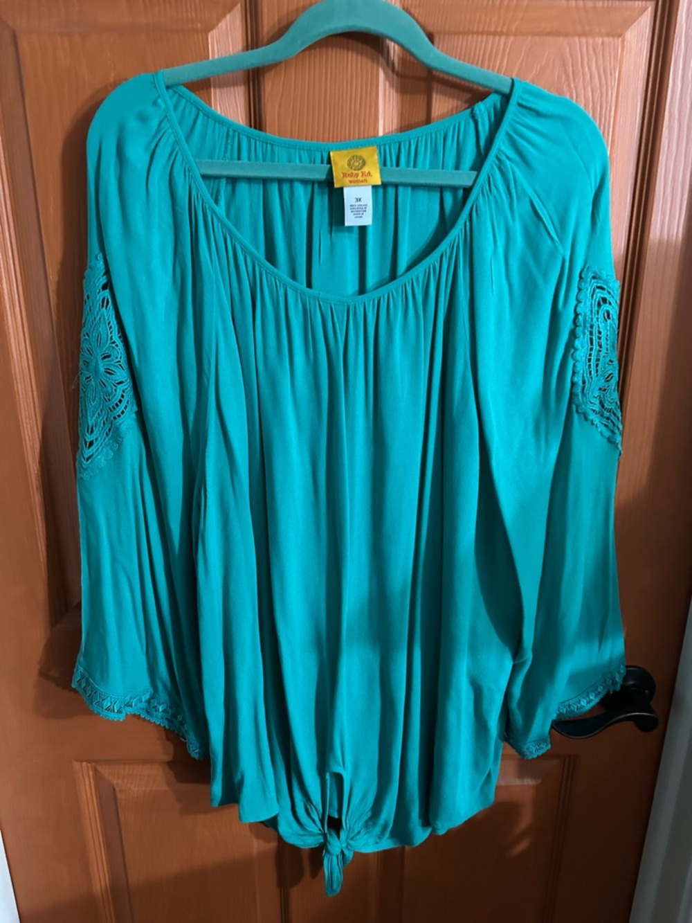 Ruby Rd. Teal Tie-Hem Boho Tunic with Crochet Sleeve